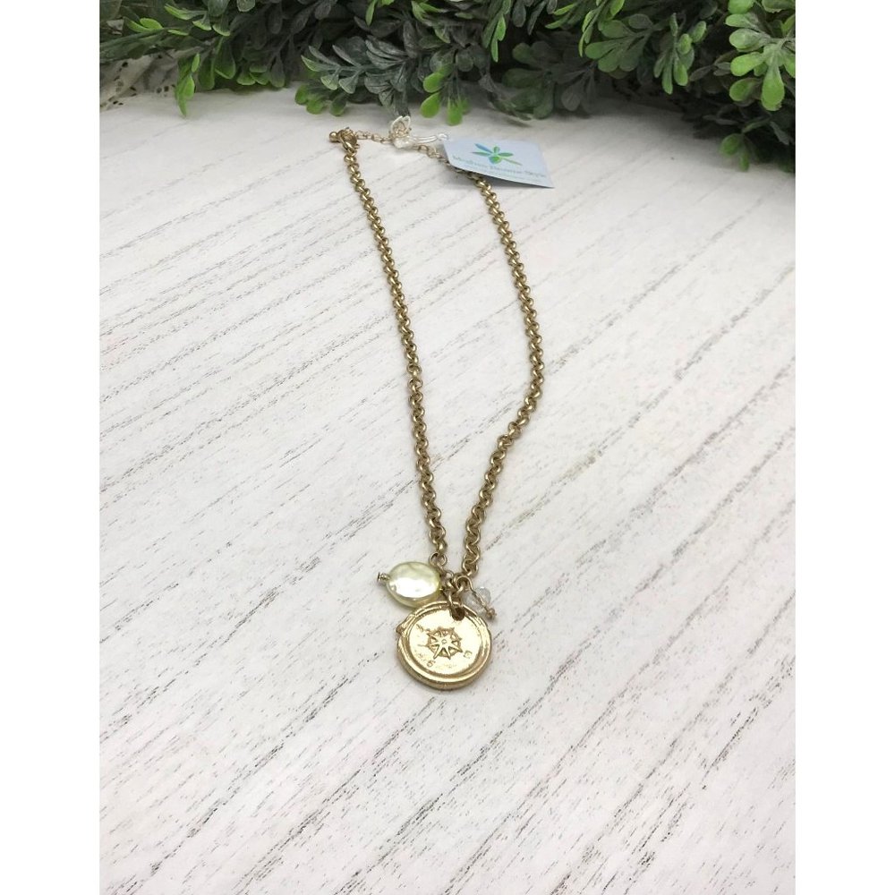 Vintage Necklace Gold Toned With Compass Design Dangle Faux Pearl And Clear Face - Picture 5 of 6